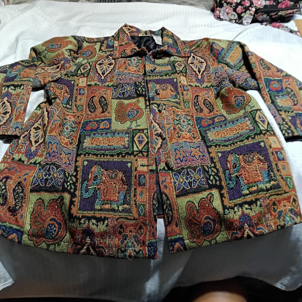 Vintage White Stag Tapestry Jacket Beaded Animal Pattern Women's Size 18W/20W